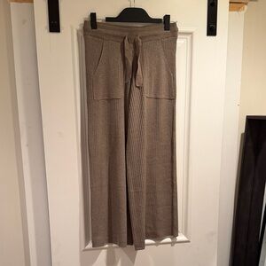 Splendid Ribbed Knit Drawstring Wide-Leg Pants - Brown/ Taupe